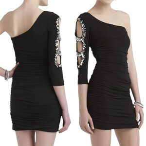 City Studio One Shoulder Formal Mini Dress Size S Ruched Black Rhinestone Gems